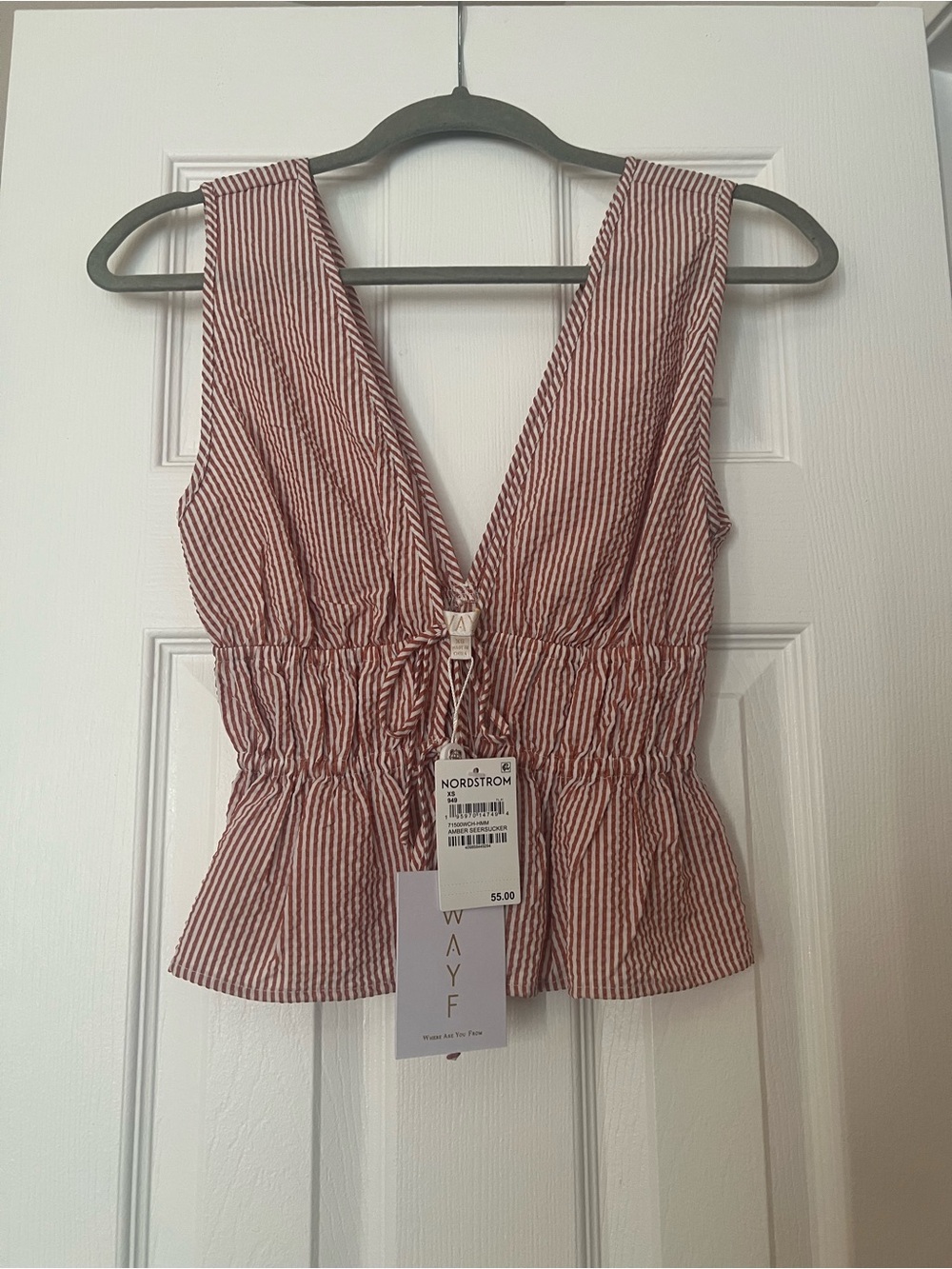 Wayf Red & White Striped Deep V Peplum Tank